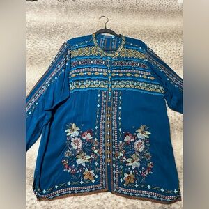 JOHNNY WAS Dover Embroidered Blouse 1/4 Button Top Tunic Extra Large NWT $310